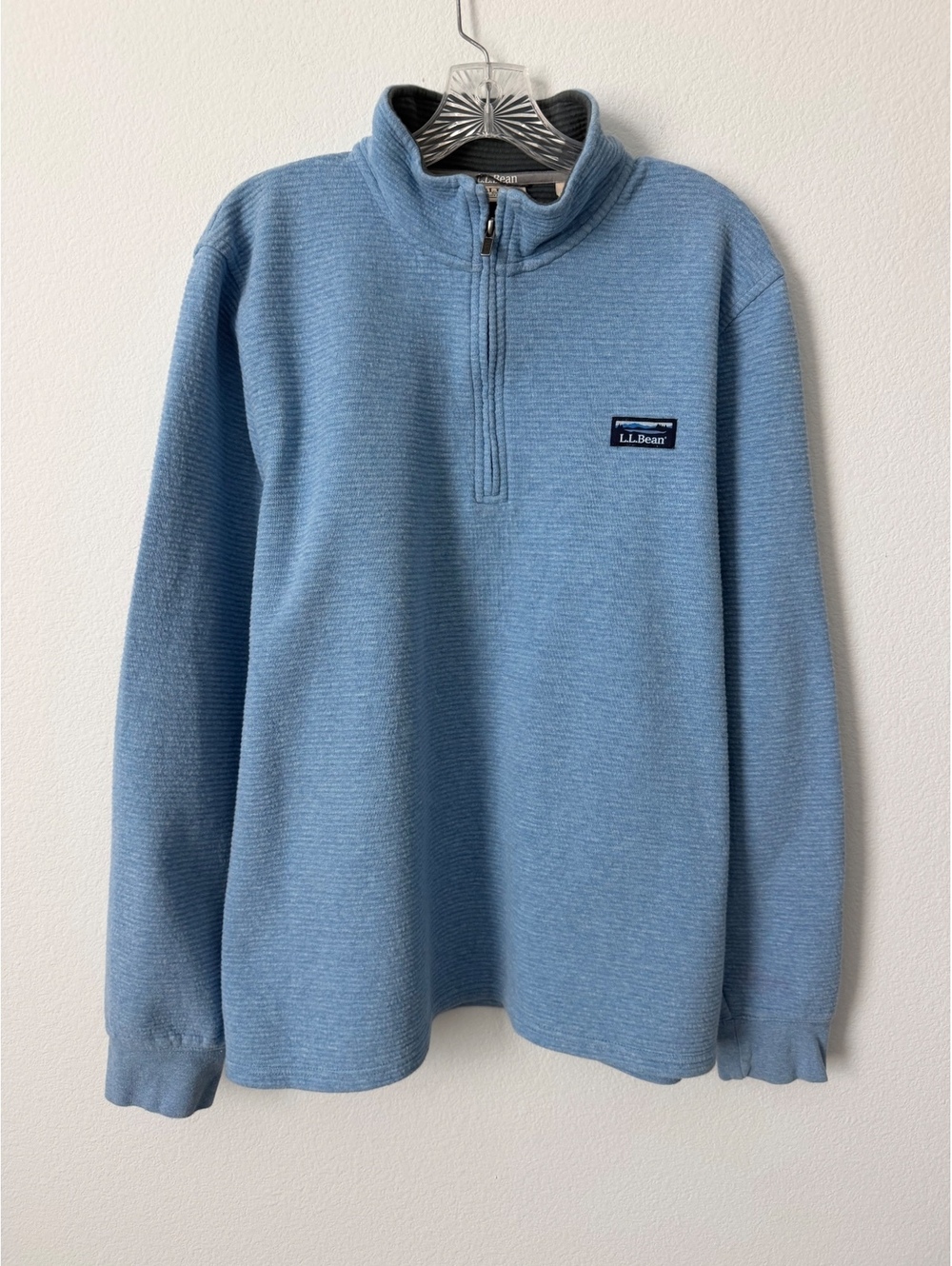 L. L. Bean Long Sleeve Heather Quarter Zip Blue Textured Ribbed Sweater Size L